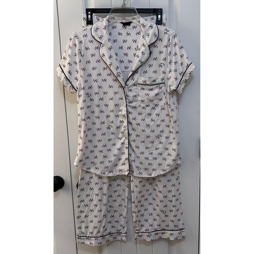 KATE SPADE Size M Women's Short Sleeve Jersey White BOW Pajama Pant Set